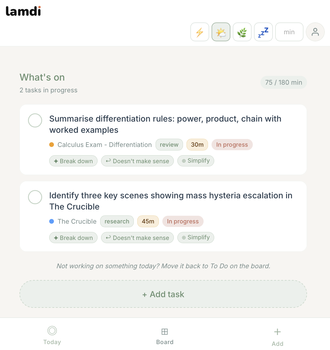 Lamdi today view showing tasks in progress across subjects